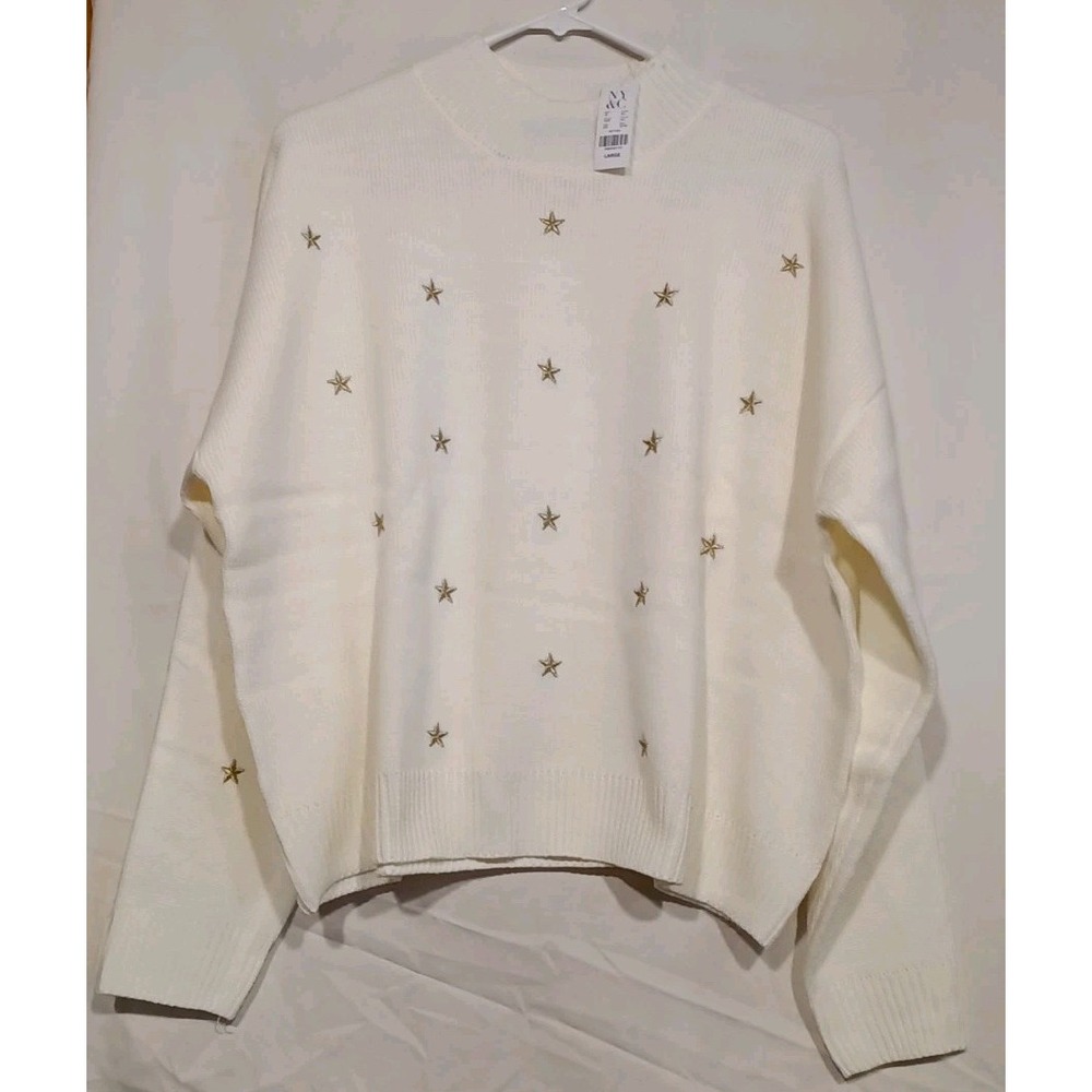 Ivory Sweater Embroidered Gold Stars Mock Neck Size L NWT New York and Company